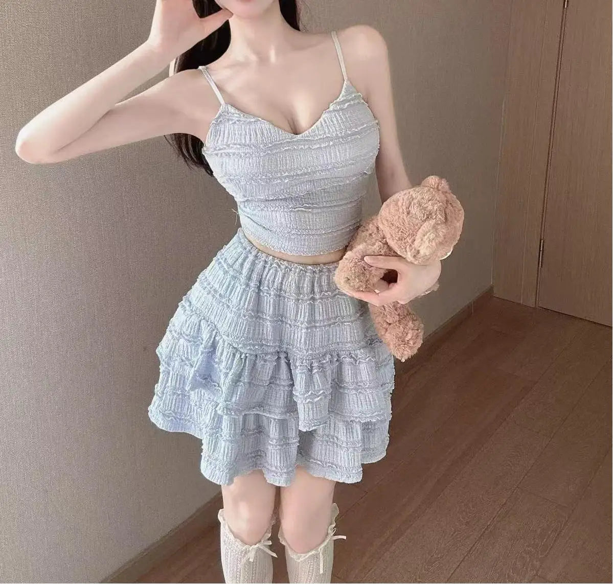 Ballet Style Puffy Short Skirt Women Summer Lace Crop Top Design Sensation Half Skirt Pure Desire Sweet And Spicy Set