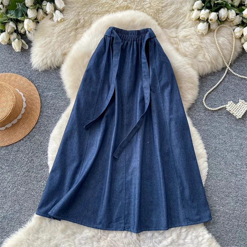 KAROFI Women Bow Tie Elastic Waist Denim Long Skirt Korean A Line Flowy Midi Jeans Skirt Casual Loose Vintage Blue Maxi Skirts
