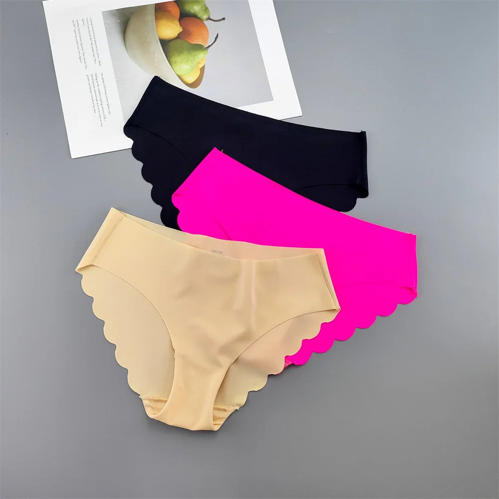 3Pcs/set Ruffle Cut Ice Silk Seamless Underwear Women Plus Size Thin Panties Drop Waist Hip Lift Briefs Female Underpants