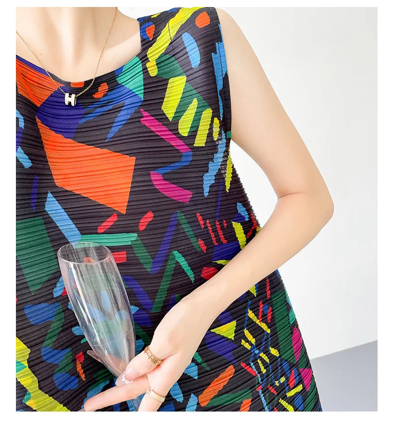 2026 Summer Retro Print Design Flared Dress Women Loose Fit Plus Size Fashion Elegant Sleeveless Dress Travel Vacation Wear