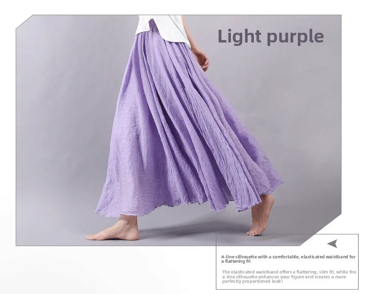 New In 2026 Spring Summer Woman Cotton Linen Midi Skirt Solid Color Loose Flared Pleated A-line Skirt Female Sweet Elegant Skirt