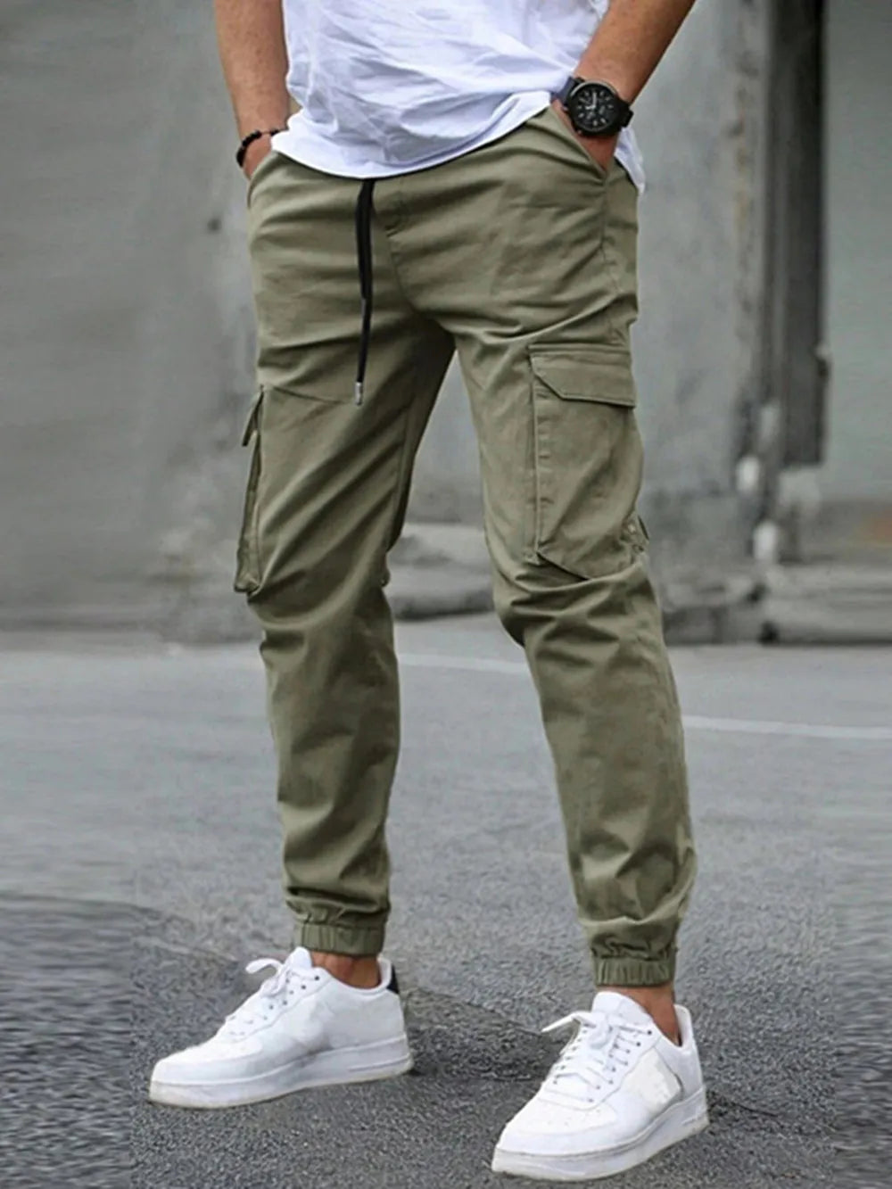 Men Elastic Drawstring Cargo Jogger Pants Multi Pocket Casual Streetwear Hip Hop Jogging Sweatpants Daily Work Trousers