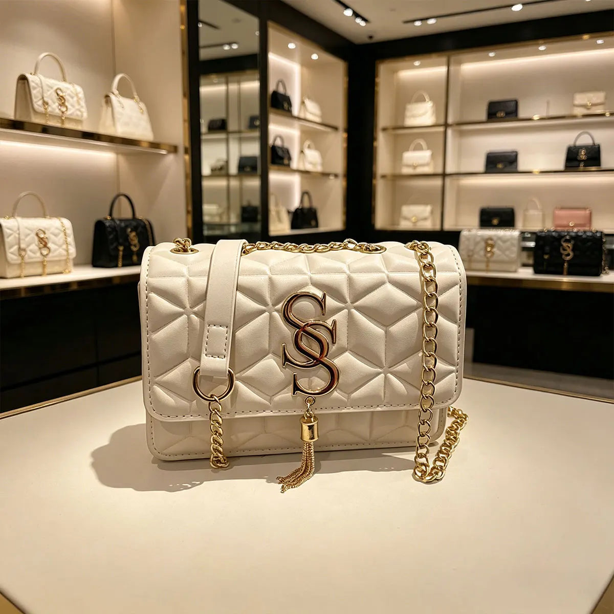 Fashionable Small Fragrant Style Argyle Quilted Small Square Bag Metal Letter Tassel Diagonal Cross Bag Commuter Shoulder Bag