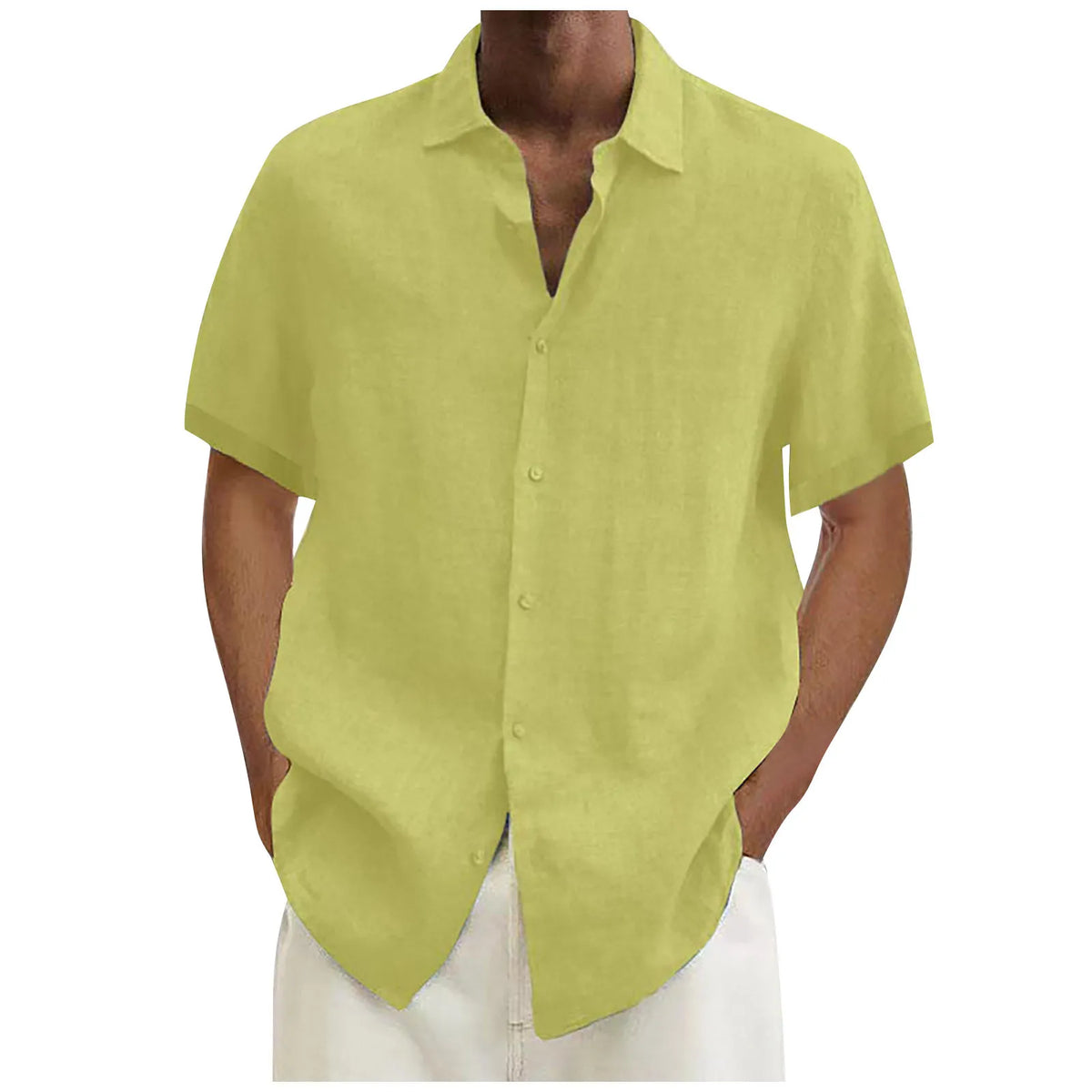 ISHOWTIENDA Men's Cotton Linen Short Sleeve Casual Shirt - Solid