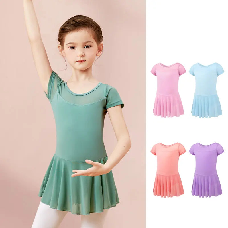 Girls Ballet Leotard Dress – Mesh Splice Short Sleeve Chiffon Skirted Dance Costume