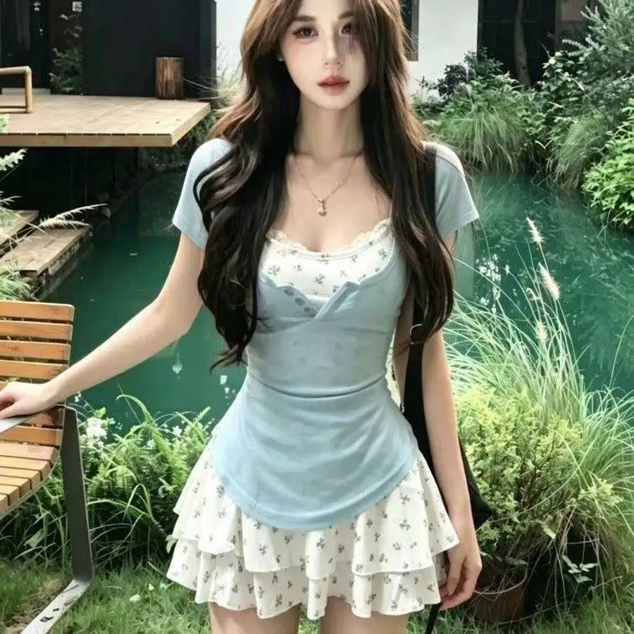 Lolita Style Japanese Sweet 2 Piece Set Woman Casual Slim Tops High Waist Elegant Y2k Mini Dress Fashion Set Chic
