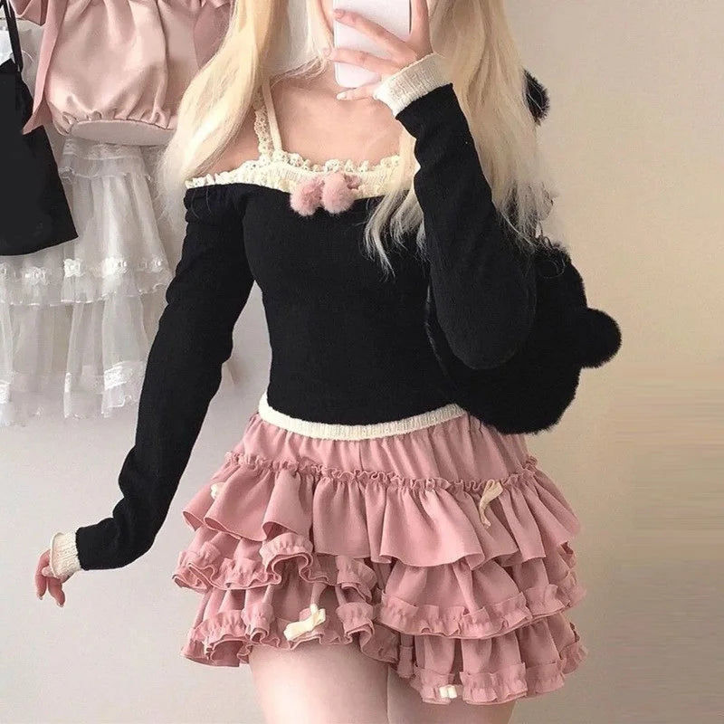 Women Short Skirt Female Elastic Waist Tutu Skirts Ruffled A-line Mini Pleated Cake Skirt