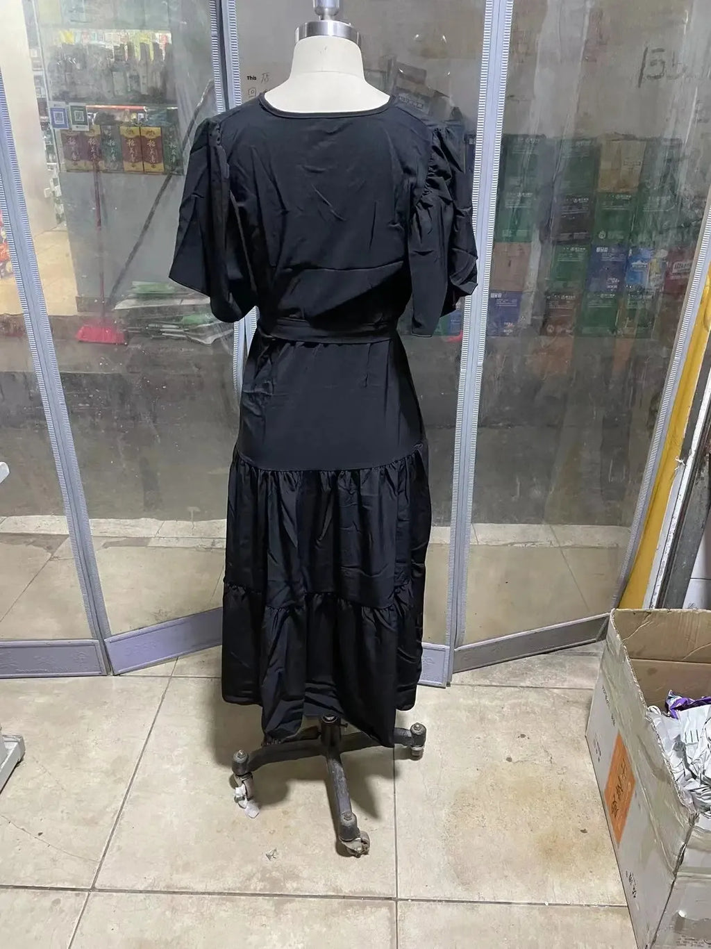 Summer Bohemian Long Dress Pure Color V-Neck Short Sleeve Empire Waist Design Floor Length with Belt Loose Fit Women's Dress
