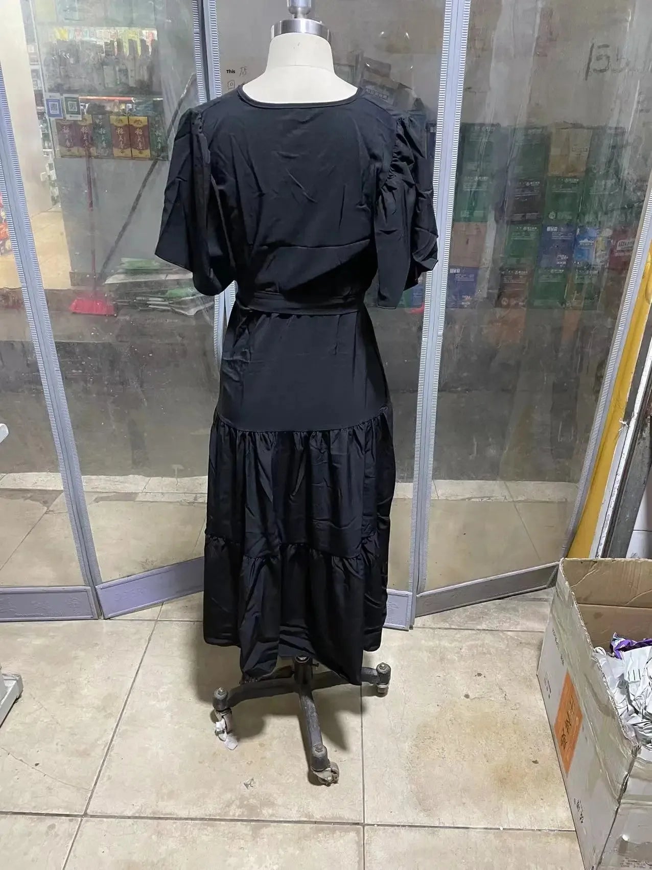 Summer Bohemian Long Dress Pure Color V-Neck Short Sleeve Empire Waist Design Floor Length with Belt Loose Fit Women's Dress