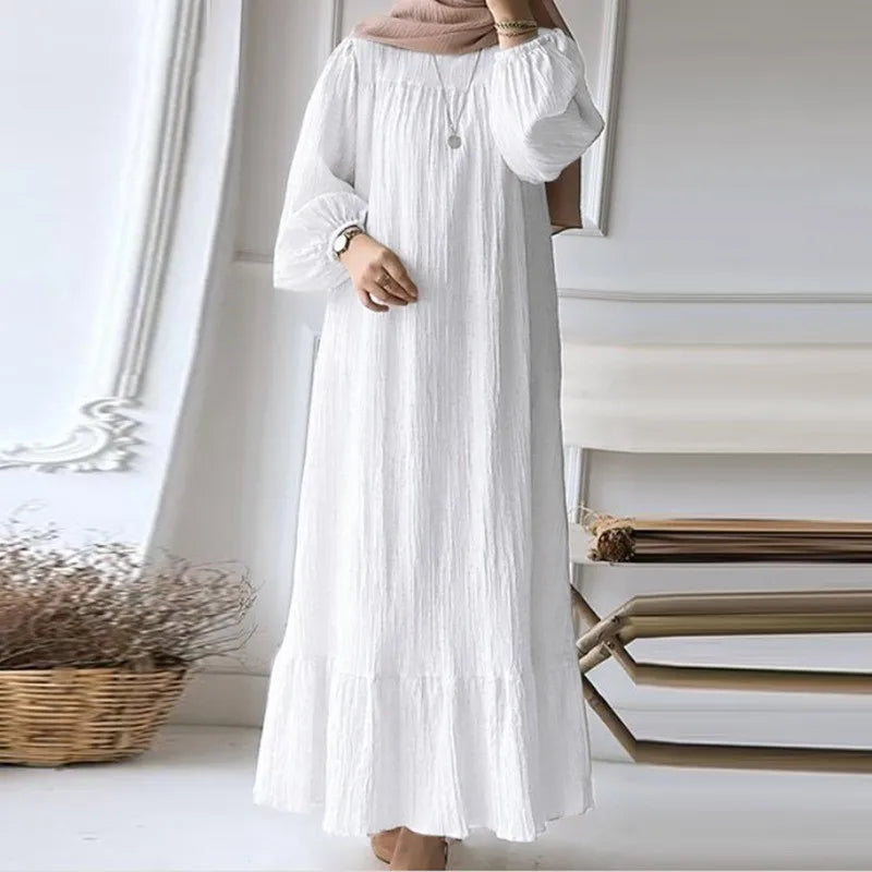 Women’s Spring-Summer Textured Long Sleeve Maxi Dress Round Neck, Ruffle Hem, Loose Fit, Casual Boho Style, Vacation Beach Wear