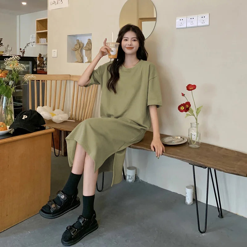 Women's Plus Size Casual T-Shirt Dress - Loose A-Line Split Hem