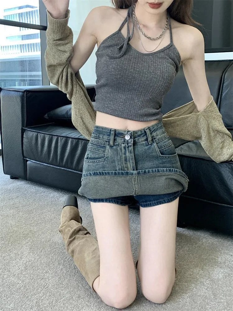 American Retro High Waist Denim Mini Skirt Women's Slimming Sexy Letter Print Half Body Skirt Casual Cotton Blend Fabric
