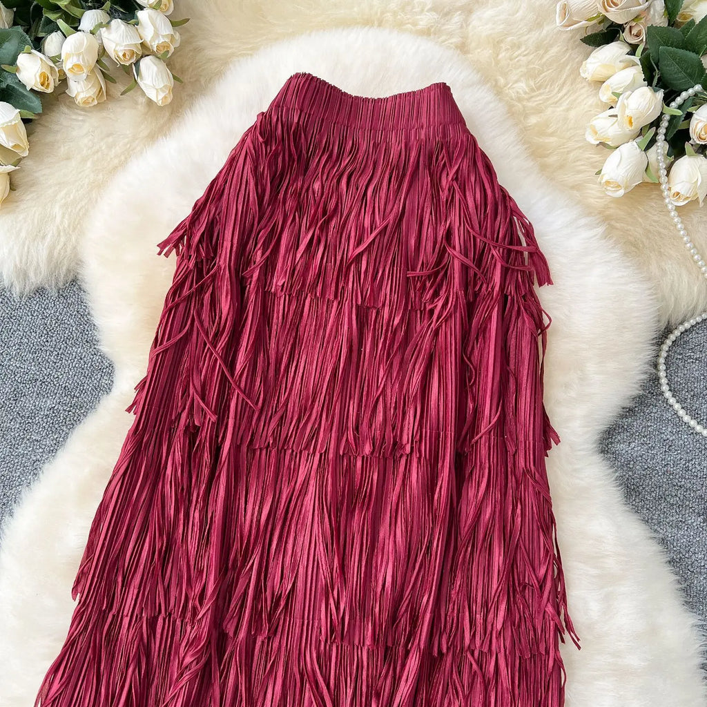 New In 2026 Spring Summer Tassel Midi Long Skirt For Women Trendy High Waist Streetwear Casual Skirts