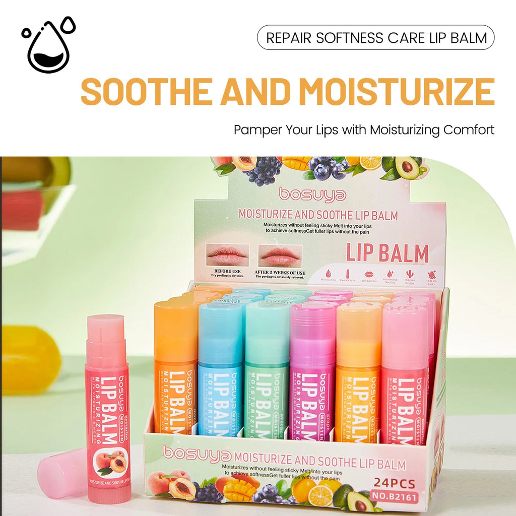 24Pcs Fruit Series Lip Balm Set Honey Grape Avocado Moisturizing Repair Anti-Cracked Non-sticky Lip Balm for Lips Skin Care