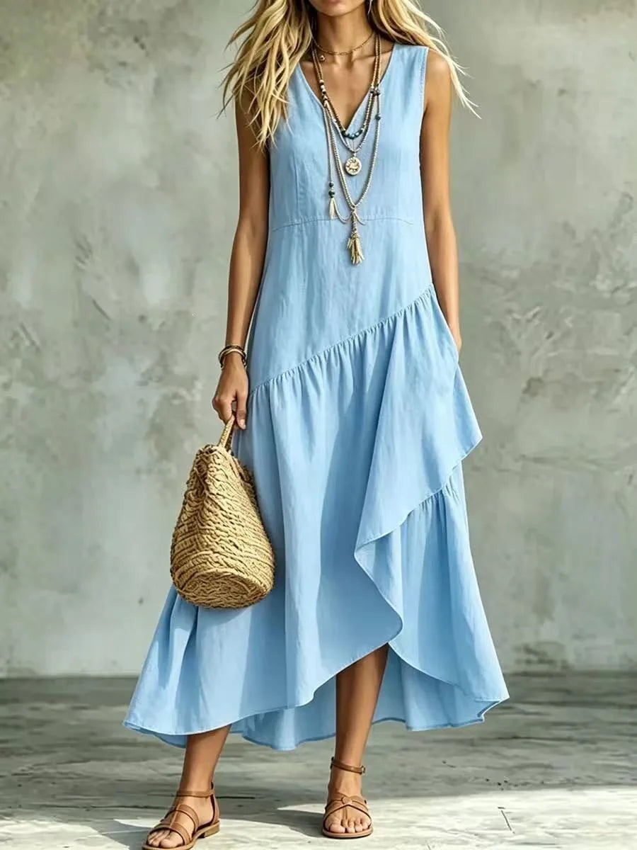 Summer 2026 New Arrival French Style Sleeveless V-Neck Asymmetrical Long Dress with Ruffle Hem Elegant Casual Tourist Wear