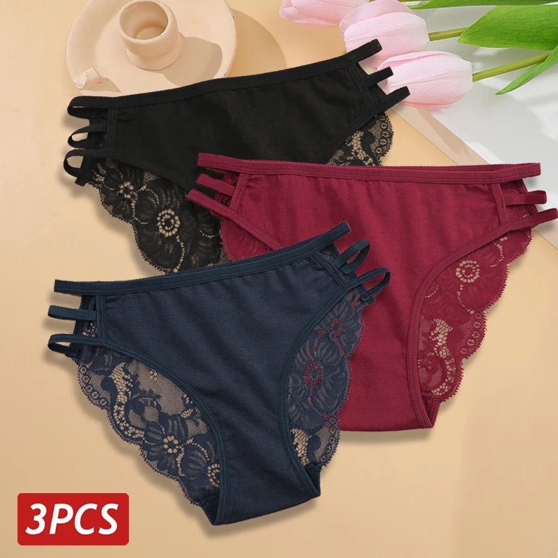 3Pc/Set Women'S'S Sexy Floral Lace Panties Low Rise Hollow Out Briefs Transparent Underwear Female Elastic Straps Soft Lingerie