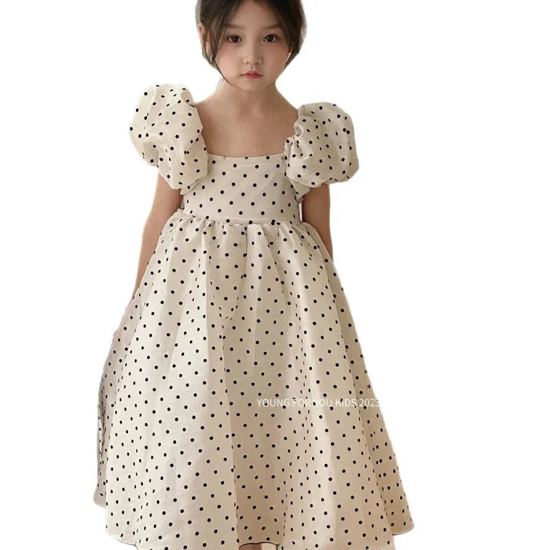 In-stock summer dress with puff sleeves for girls, princess dress for older girls, pearl gauze dress