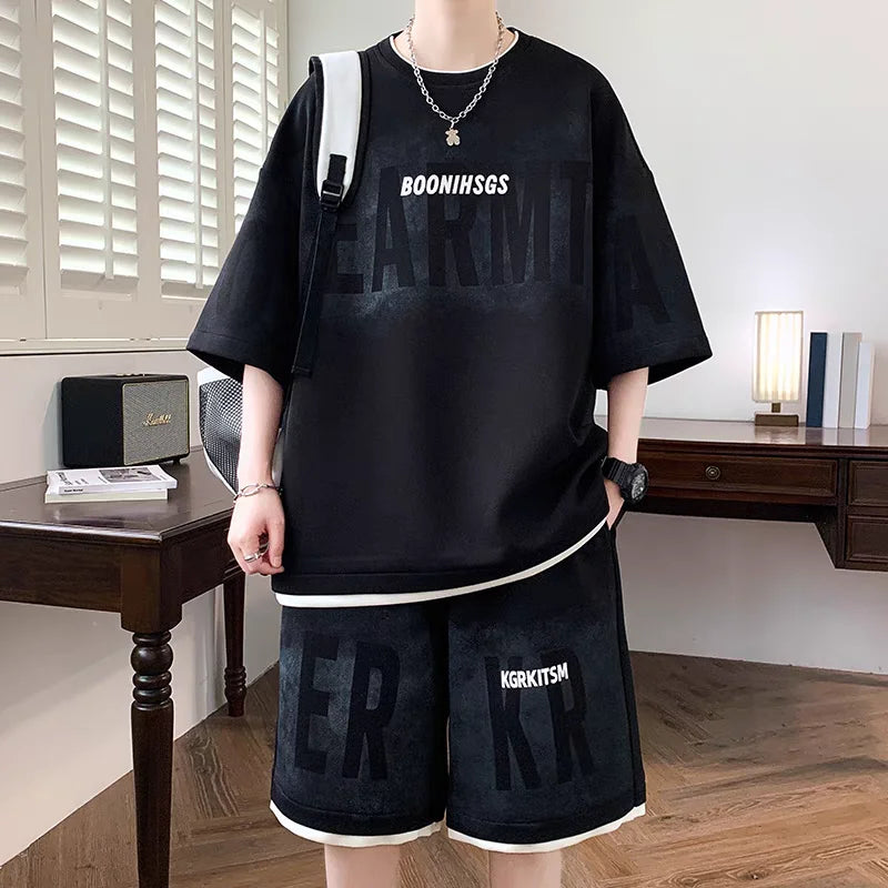 Summer Men'S Large Suit S-6Xl New Trendy Two Piece Set Korean High Street Fashion T-Shirt Shorts Tracksuits Designer Clothes Men