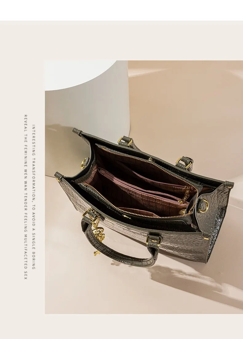 Shiny Crocodile Pattern Top-Handle Bag Women Glossy Patent Crossbody Shoulder Bag Elegant Tote Satchel with Key Pendant