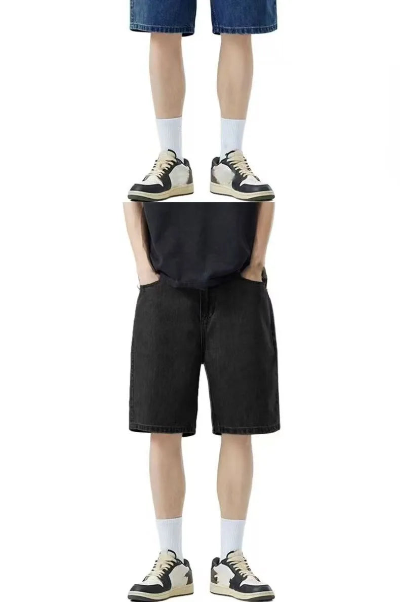 Light colored denim shorts summer slim fit new loose straight leg mid length pants high waist slimming five quarter pants