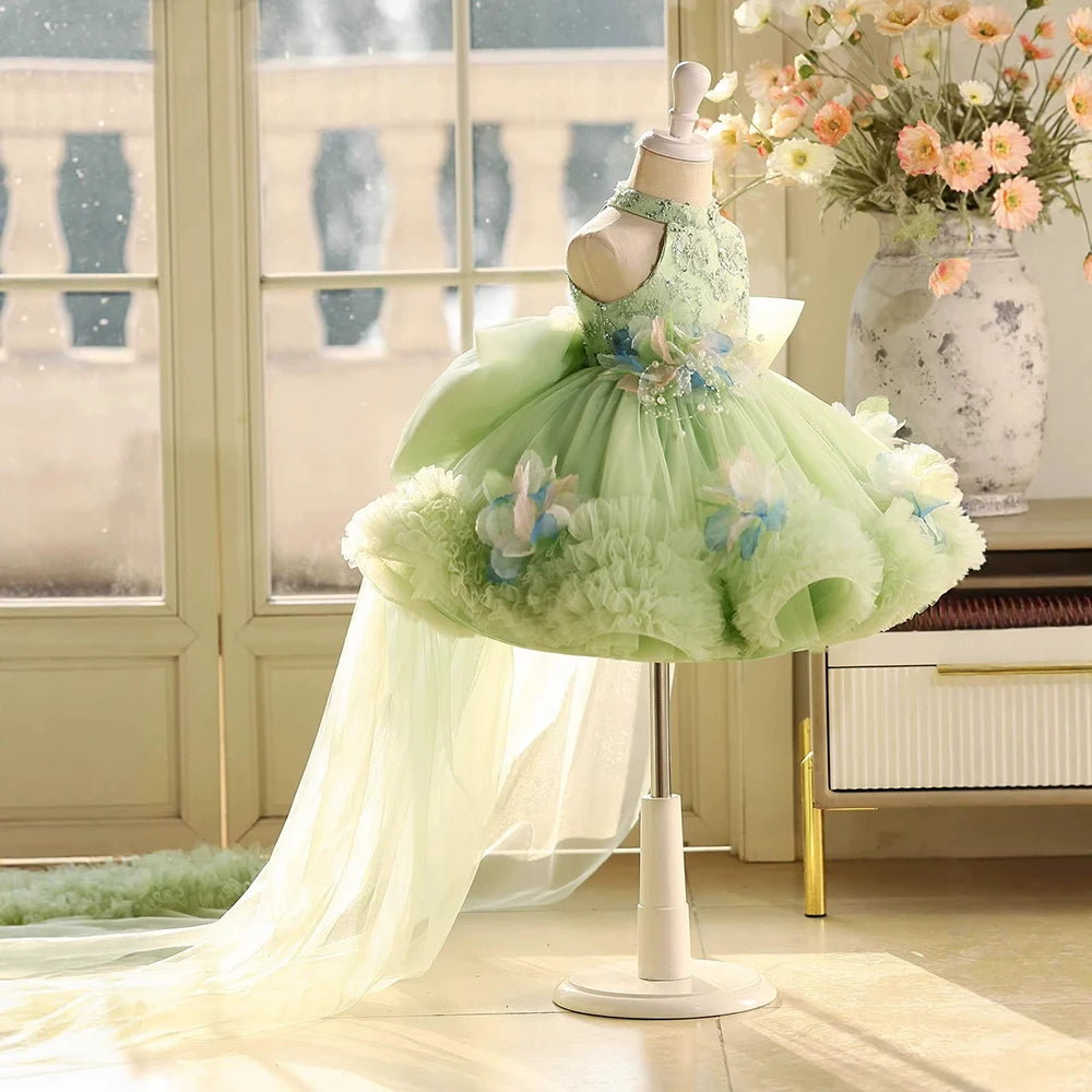 2026 Girls' Sage Light Green Tulle Knee-length Party Dress Floral Embroidered Lace Birthday Princess Ball Gown for 1-14Yr Girls