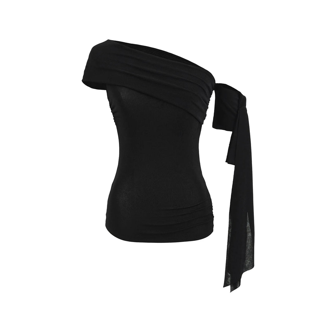 Sexy Pure Desire Short Sleeve T-Shirt Women's Spicy Girl Sash One Shoulder Tube Top Short Length Slim Fit Casual Noble