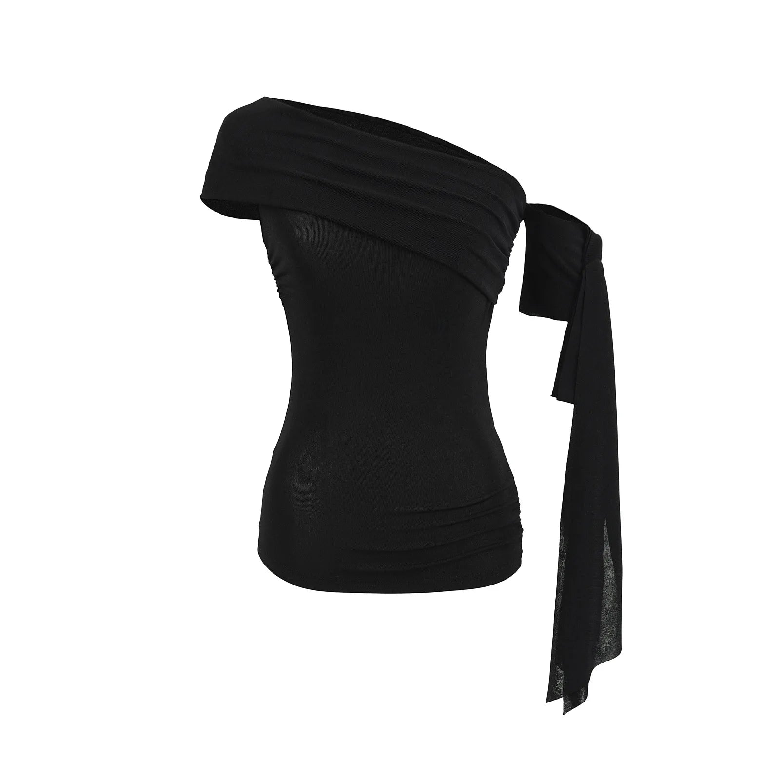 Sexy Pure Desire Short Sleeve T-Shirt Women's Spicy Girl Sash One Shoulder Tube Top Short Length Slim Fit Casual Noble