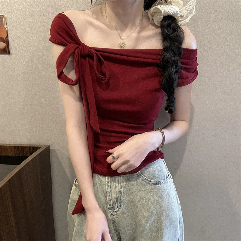 Pure Desire  Knot Short Sleeve One Shoulder T-Shirt Women Summer High Waist Short Sweet And Spicy Small Top