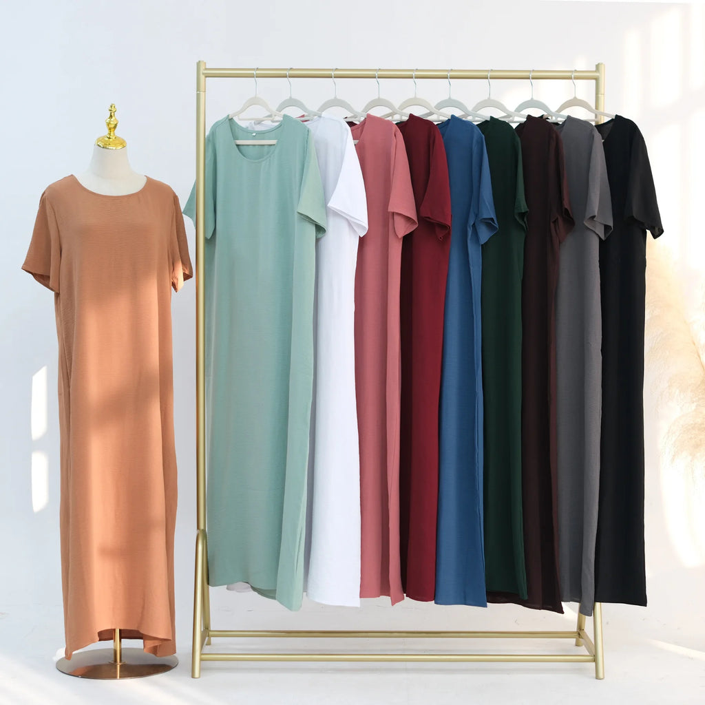 Modest Short Sleeve Women Inner Dress Basic Abaya Muslim Eid Ramadan Round Neck Maxi Loose Casual Long Versatile Fashion Kimono
