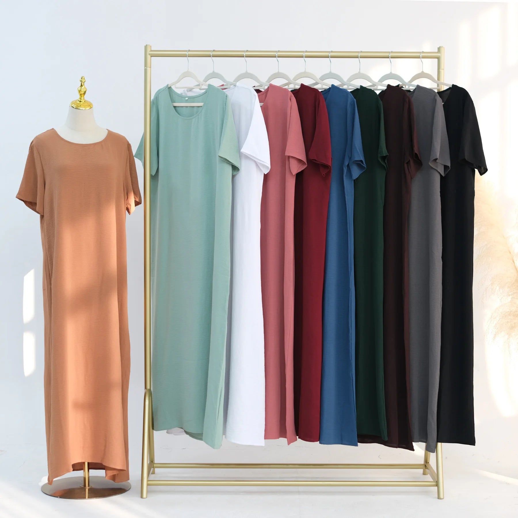 Modest Short Sleeve Women Inner Dress Basic Abaya Muslim Eid Ramadan Round Neck Maxi Loose Casual Long Versatile Fashion Kimono
