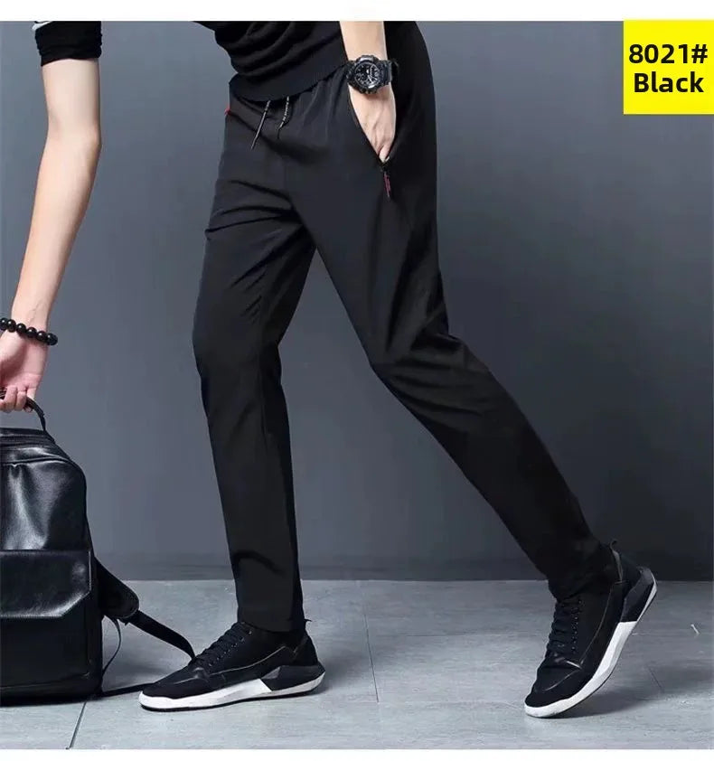 Ice Silk Thin Zipper Pocket Casual Pants Men's Summer Cool Feeling Quick Dry Breathable Straight Leg Long Pants Workwear