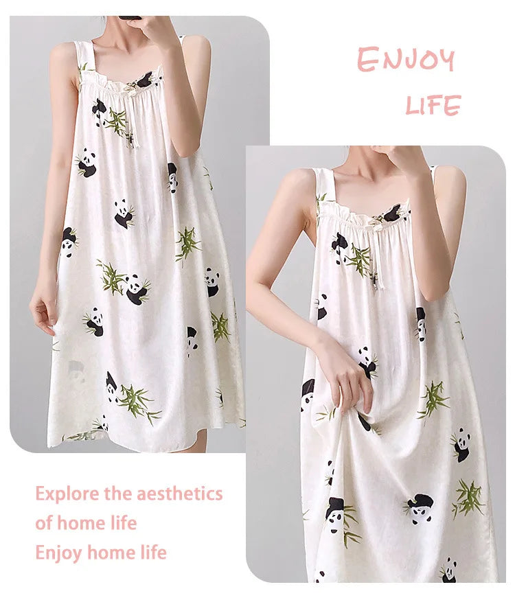 Korean Version of the Girl Sweet Summer Halter Nightgown Female Bowknot Full Print Sleeveless Loose Floral Sundress Home Dress