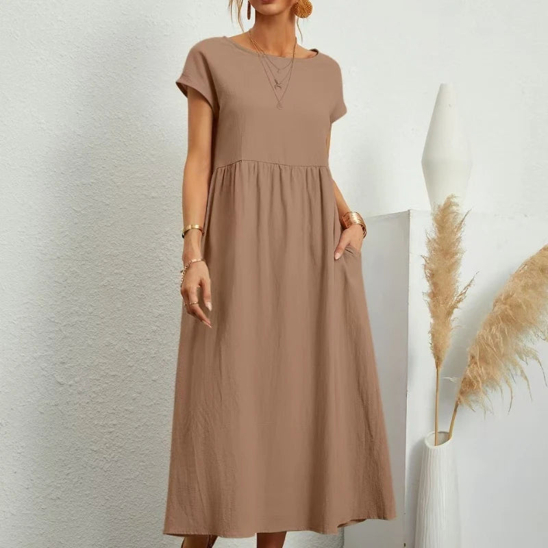 Premium Elegant Solid Cotton Linen Dress Summer Midi with Pockets Loose Fit Casual Crew Neck Short Sleeve for Beach Travel