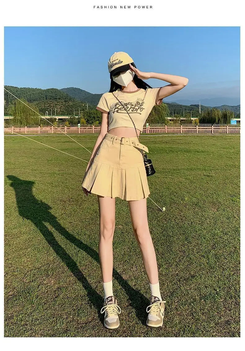 Retro American Blue Hot Girl Pleated Denim  Skirt Women's Summer New Pure Desire A-Line High Waist Short Skirt