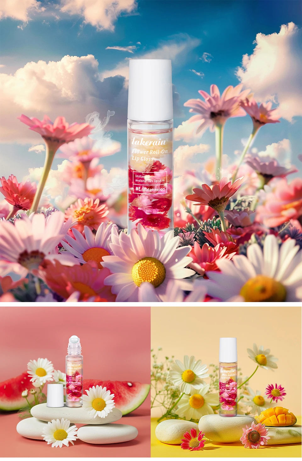 Lakerain Flower Roll-On Lip Gloss Fruit Flavor Sweet Taste Soften Lip Skin Long Lasting Gloss Deep Moisturizing Bright Gloss