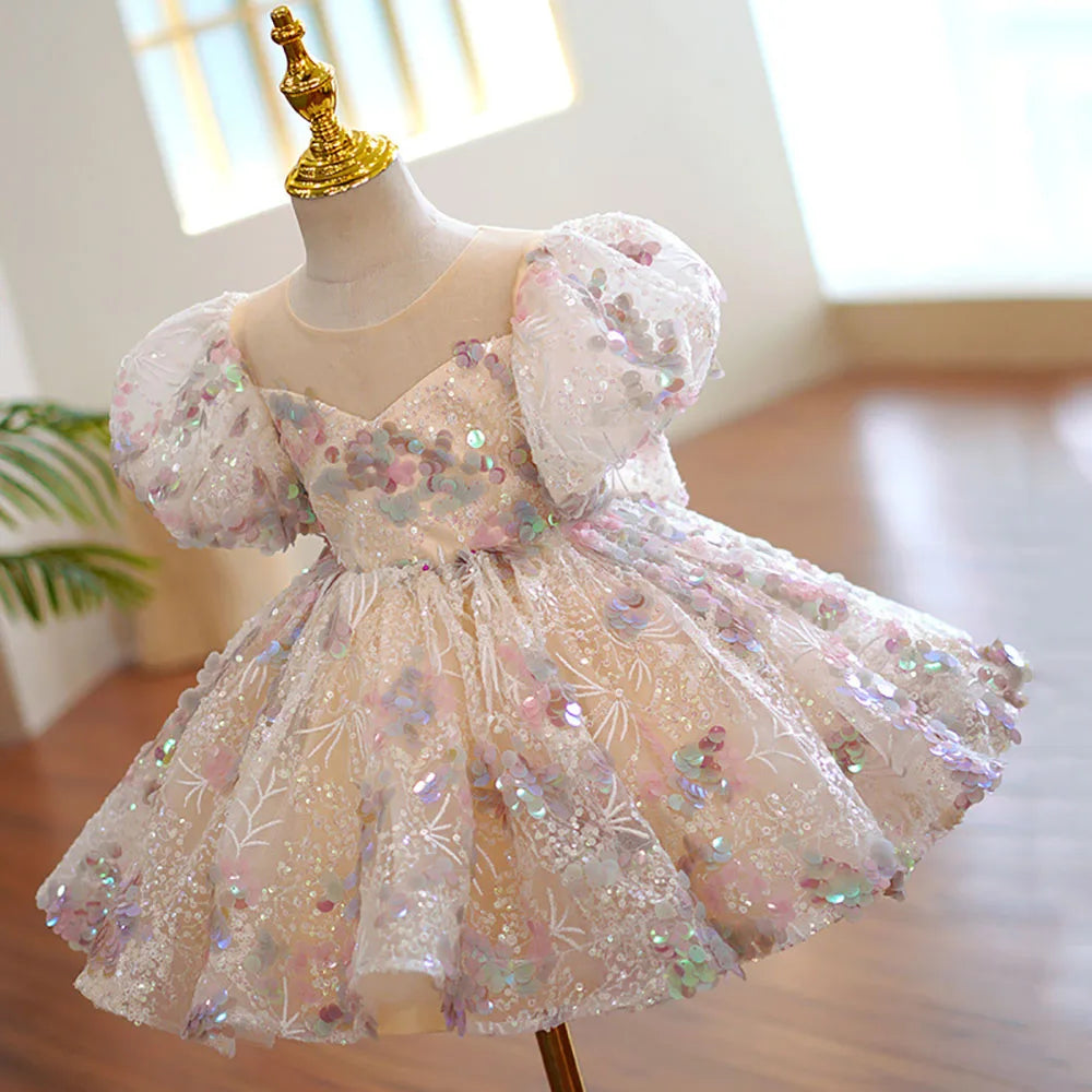 HETISO Children Evening Dresses Luxury Sequined Girls Birthday Party Fluffy Ball Gown Kids Tutu Wedding Formal Wear Gift