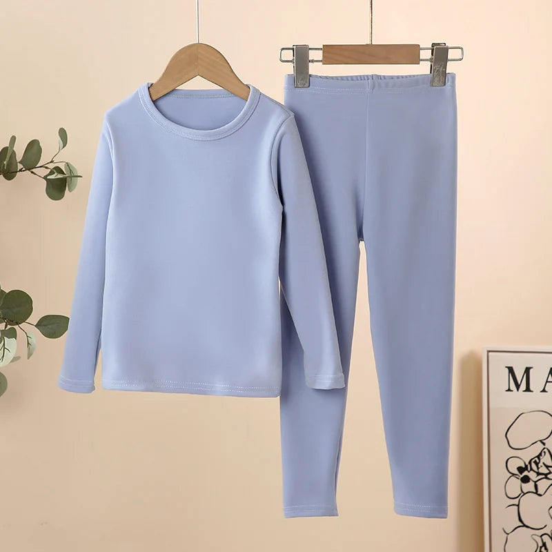 Unisex Children's Solid Color Thermal Long Johns 2-Piece Set