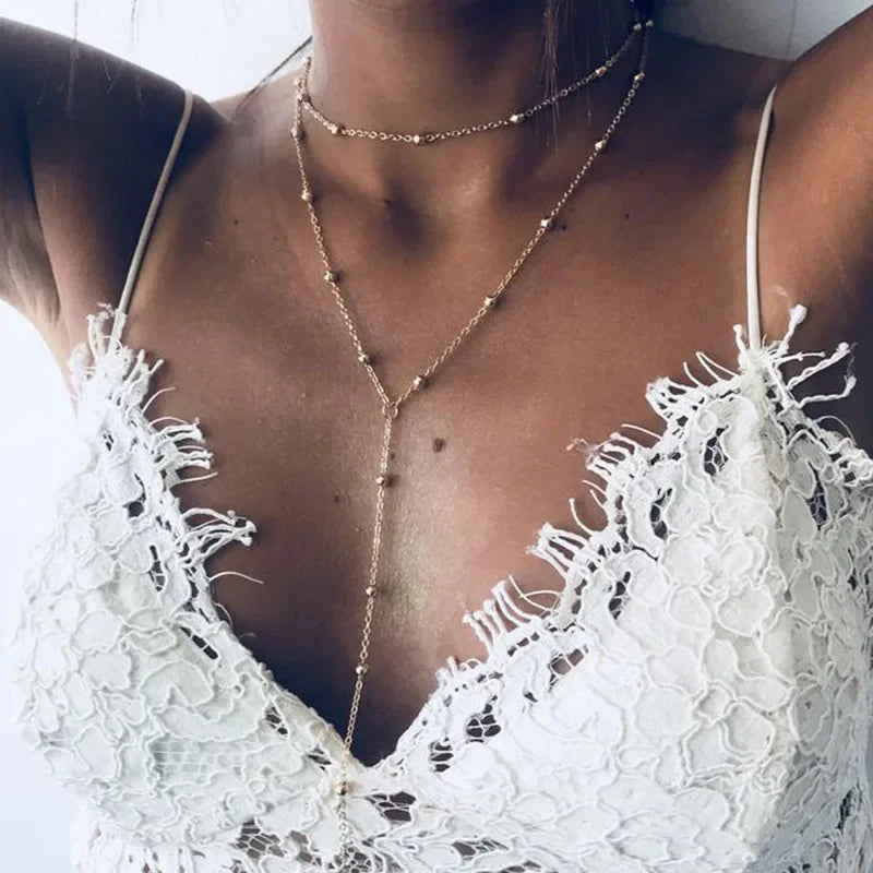 Gold Plated Lariat Necklace For Women'S Double Laryer Long Chain Drop Pendant Choker Necklaces Fashion Gifts