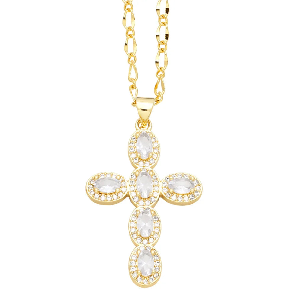 Fashion Personality 1 Piece Necklace Elegant Women'S'S Micro Inlaid Colorful Round Zircon Cross Necklace