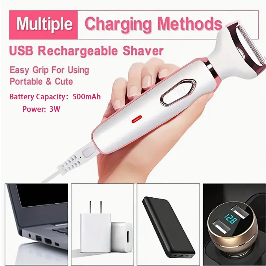Ladies' electric shaver, 4-in-1 rechargeable beauty set, ladies' facial, nose, leg and underarm shavers, painless dry and wet sh