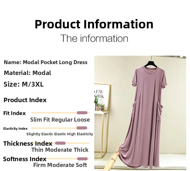 Casual Modal Sleep Dress Women Summer Large Size round Neck over Knee Long Dress Loose Slimming Short Sleeve Dress
