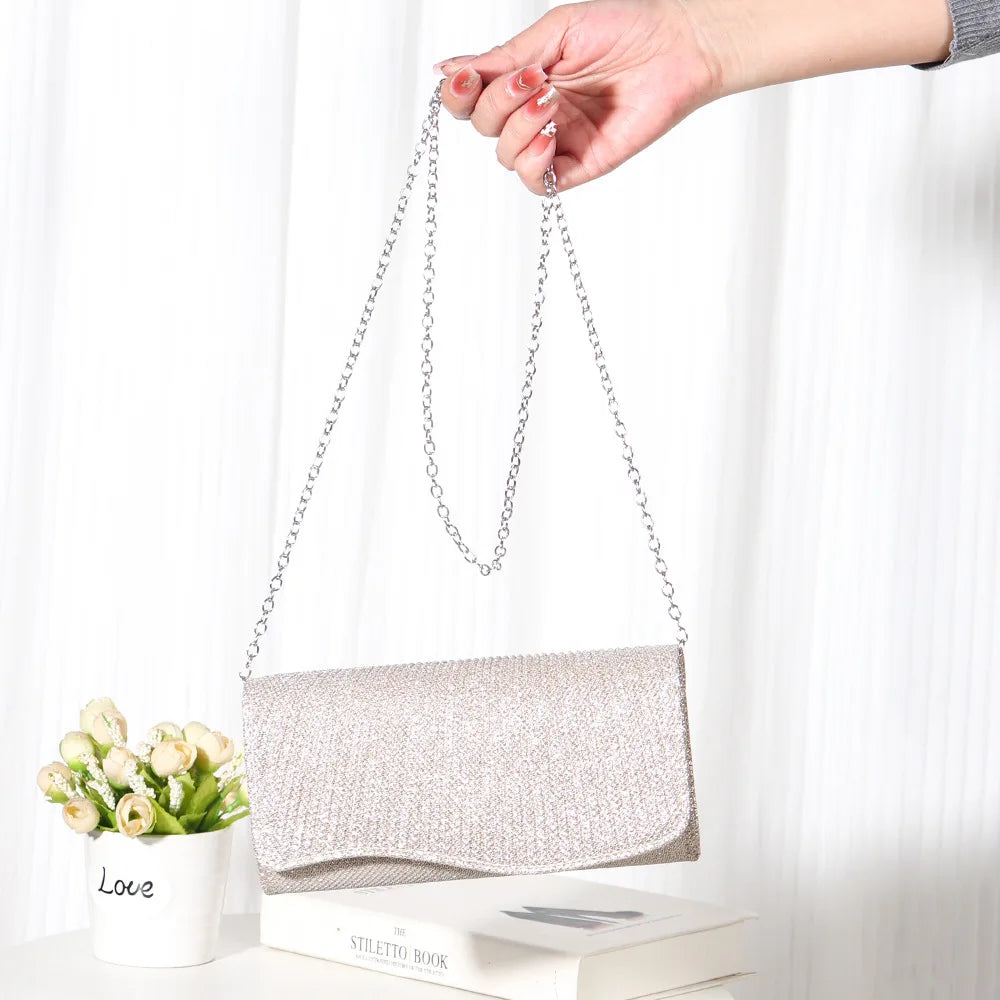 2026 New Women Fold Glitter Handbag Shiny Envelope Evening Bag Ladies Pleated Silver Clutch Chain Wedding Party Mini Long Purse