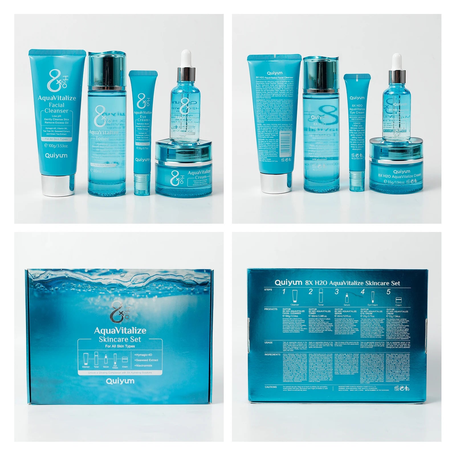 Quiyum 8X H2O AquaVitalize 5-Pcs Skincare Set Hydrating Daily Facial Care Kit Cleanser Toner Serum Eye Cream for All Skin