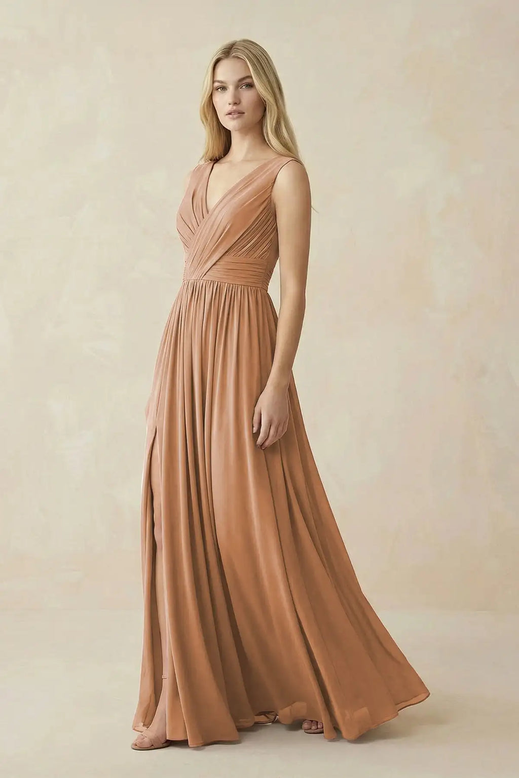Sleeveless Deep V Neck Chiffon Formal Dress Ruched Empire Waist Front Split A‑Line Floor‑Length Bridesmaid Party Prom Dresses