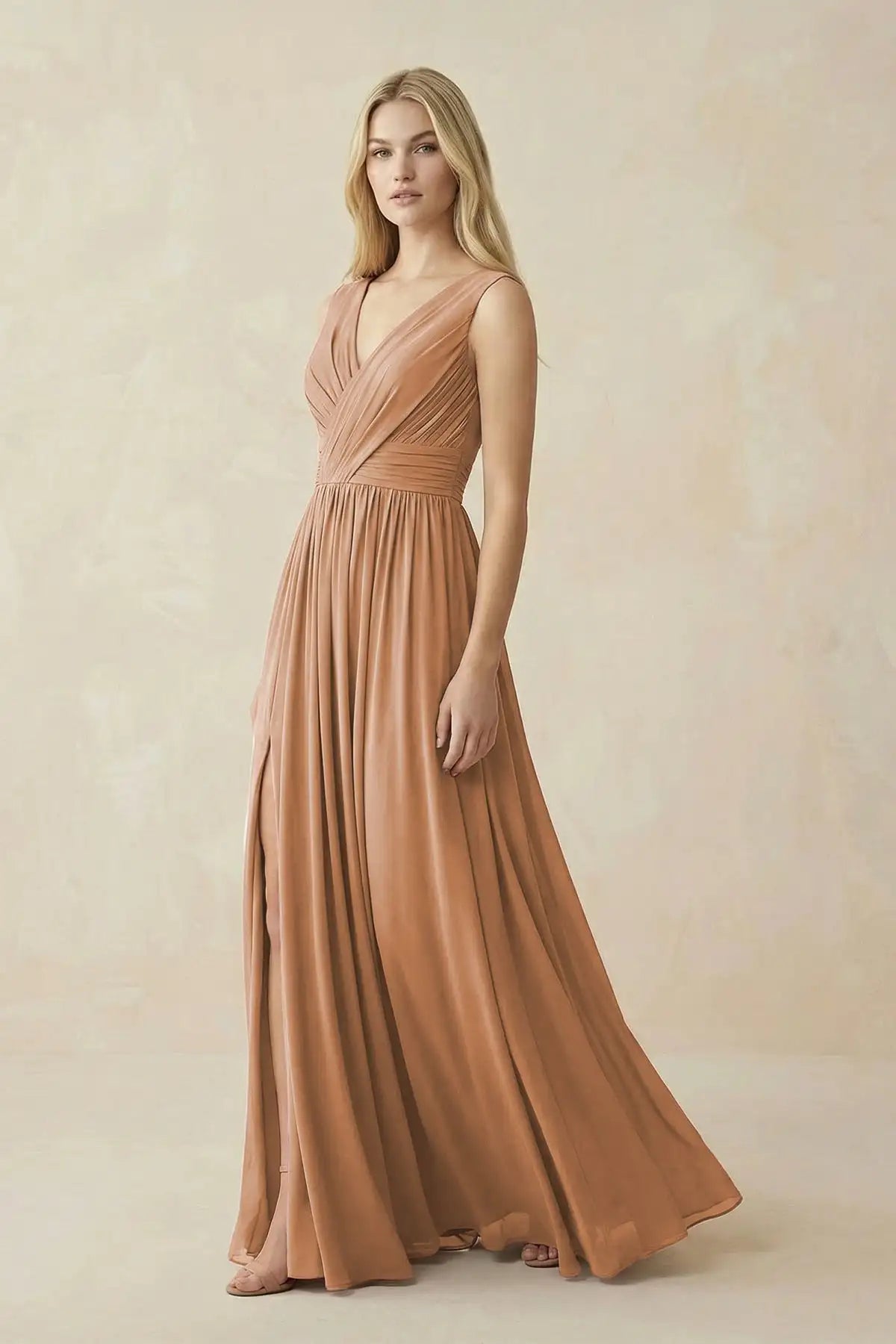 Sleeveless Deep V Neck Chiffon Formal Dress Ruched Empire Waist Front Split A‑Line Floor‑Length Bridesmaid Party Prom Dresses