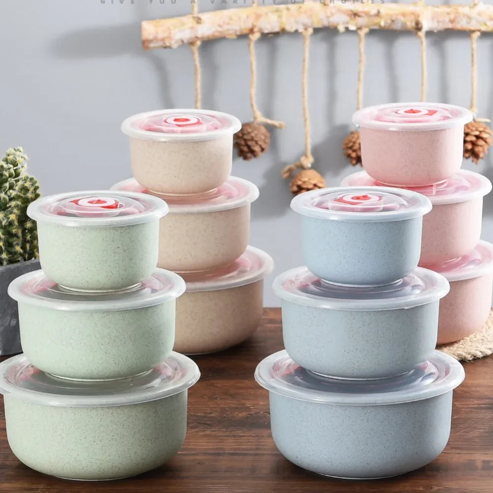 Fiambrera Bento de Paja de Trigo de 3 Piezas, Tazón de Ensalada Ecológico con Tapa, Apto para Microondas, Contenedor de Alimentos, Vajilla de Cocina