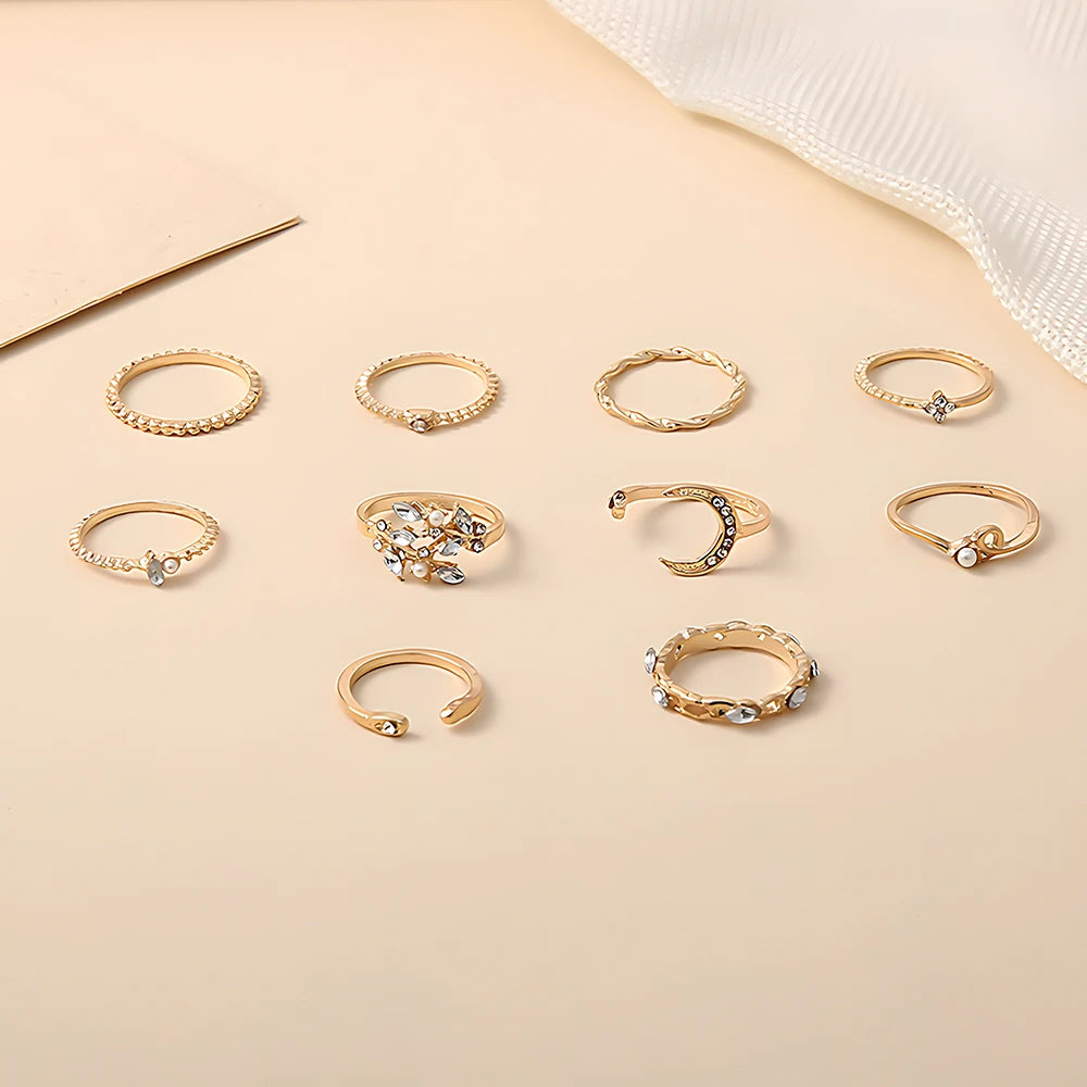 10Pcs Rings Suit For Women'S Gold-Color Chain Ring Set Bohemian Style Coin Snake Moon Star Leaves Love Trend Jewelry