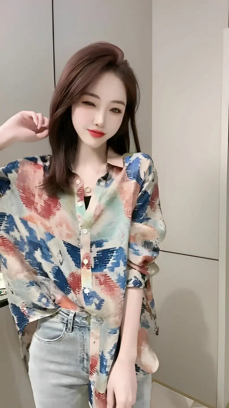 Spring 2026 Floral Print Loose Long Sleeve Women's Shirt Fashionable Versatile Korean Style Commute Polonaise Polyester Fiber