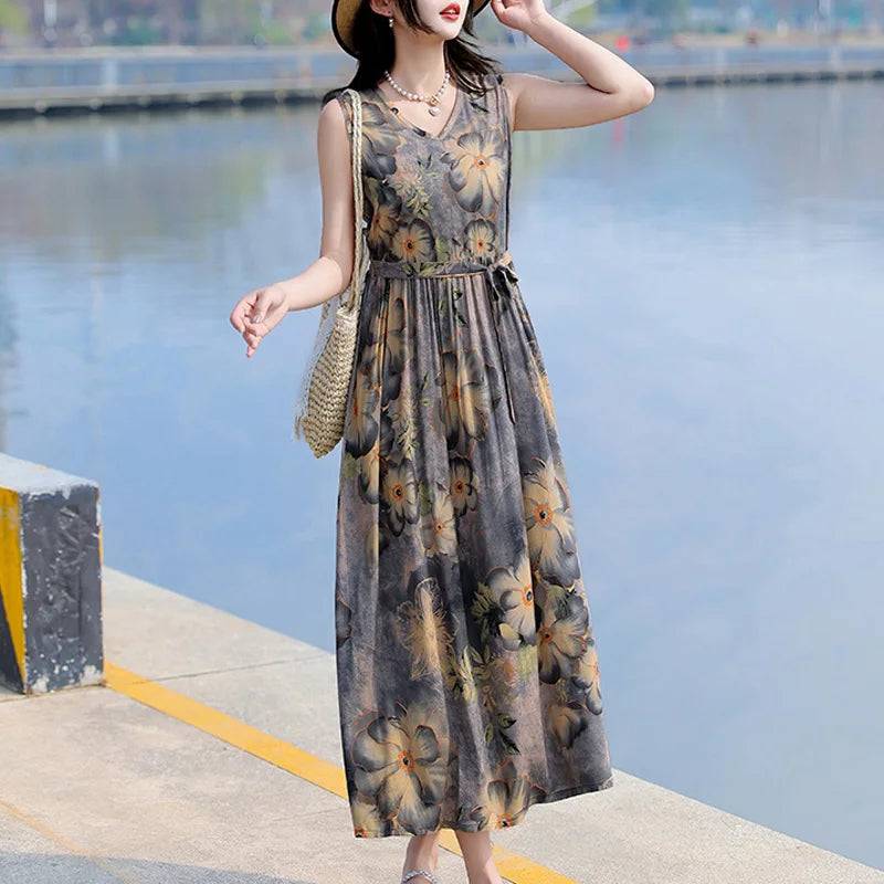 Spring Summer Dresses Fashion Female Sleeveless printed Casual Dress Women A-line Dresses Vestidos