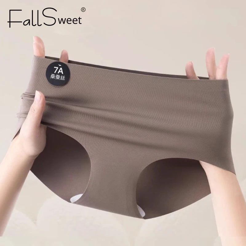 Falllsweet 4Pcs Women Seamless Silk Panties Soft Thin Female Underwear Sexy Mid-Rise Briefs Ice Silk Underpants Lingerie M-2XL